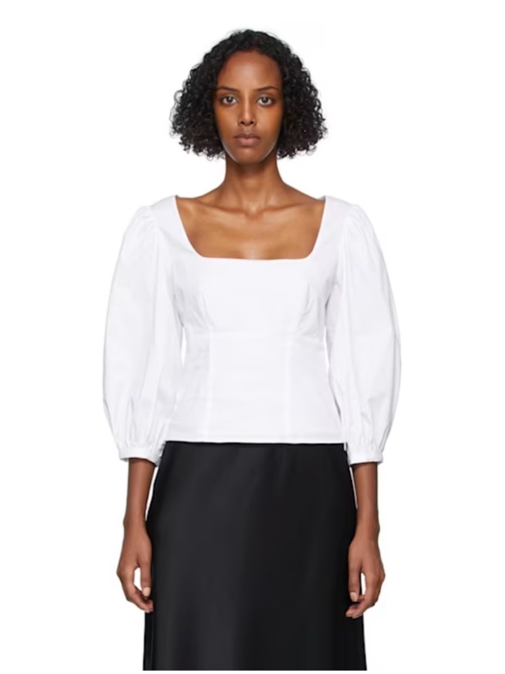 STAUD Lana White Square-Neck Puff Sleeve Blouse